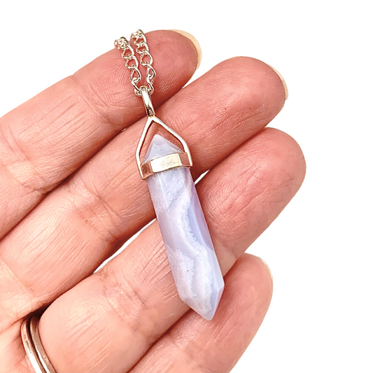 Blue Lace Agate Double Terminated Sterling Silver Pendant