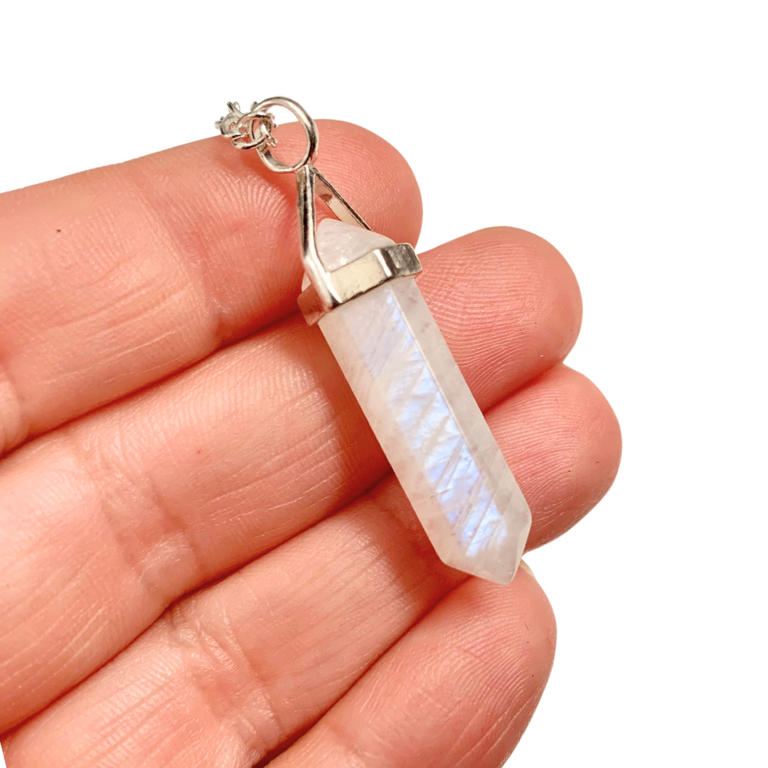 Rainbow Moonstone Double Terminated Sterling Silver Pendant