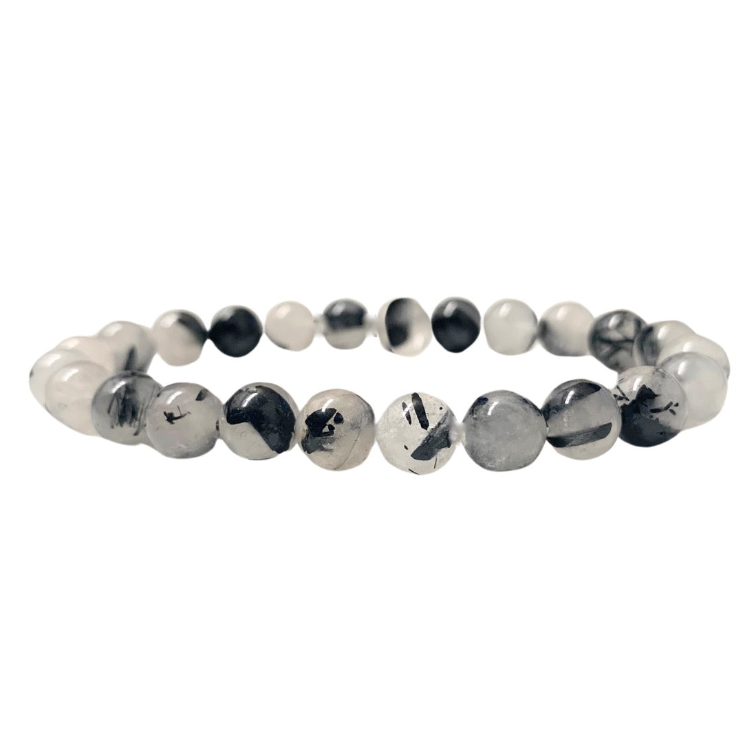 Black Tourmalinated Quartz Round Bead Bracelet